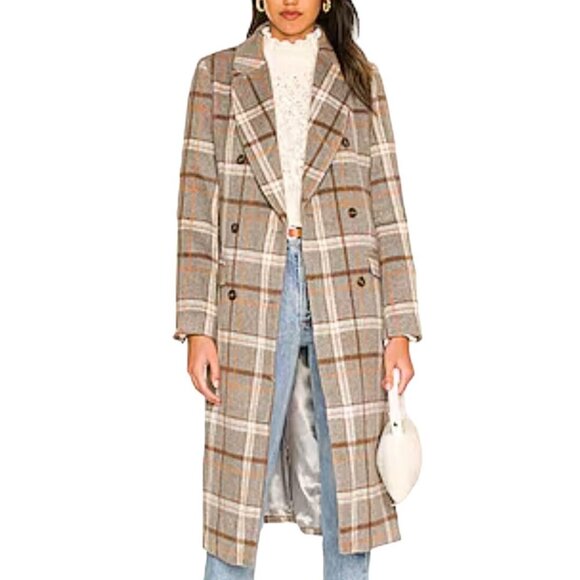 ASTR The Label Raquel Coat Grey Brown Plaid Double-Breasted Wool Blend Size S - Picture 1 of 11
